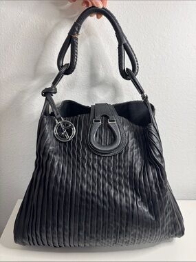 Giorgio Armani Black Pleated Leather Hobo Shoulder Bag